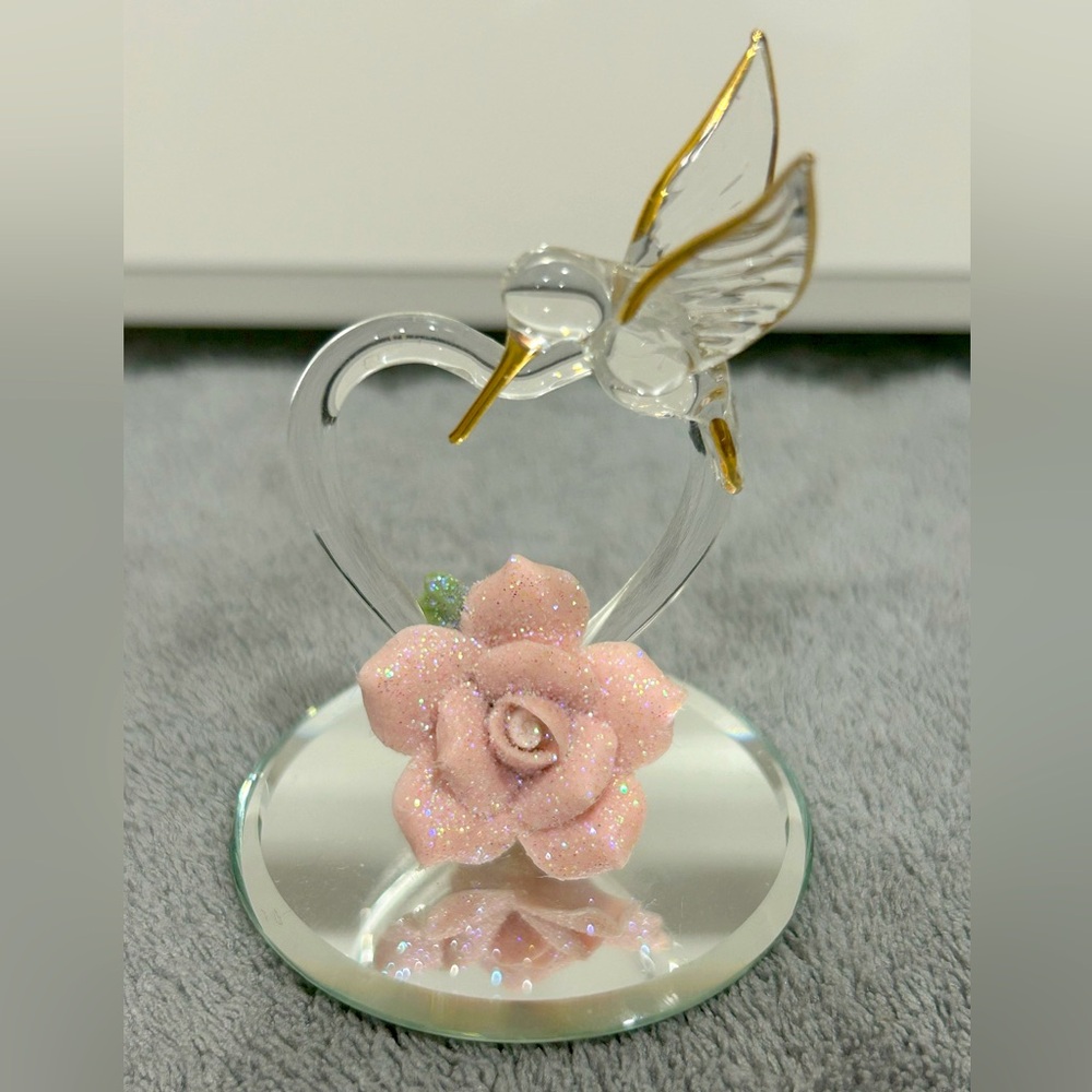 GLASS BARON Hummingbird with Heart & Rose Handcrafted Glass Figurine Vintage